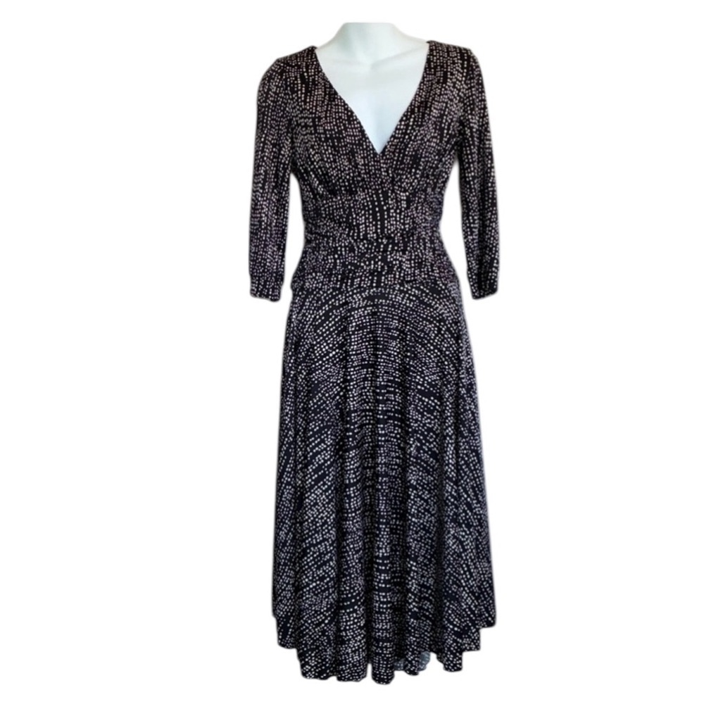 Lapis dress, women's, S, black/cream Polka dot, EUC, flowy skirt, zip, V-neck,